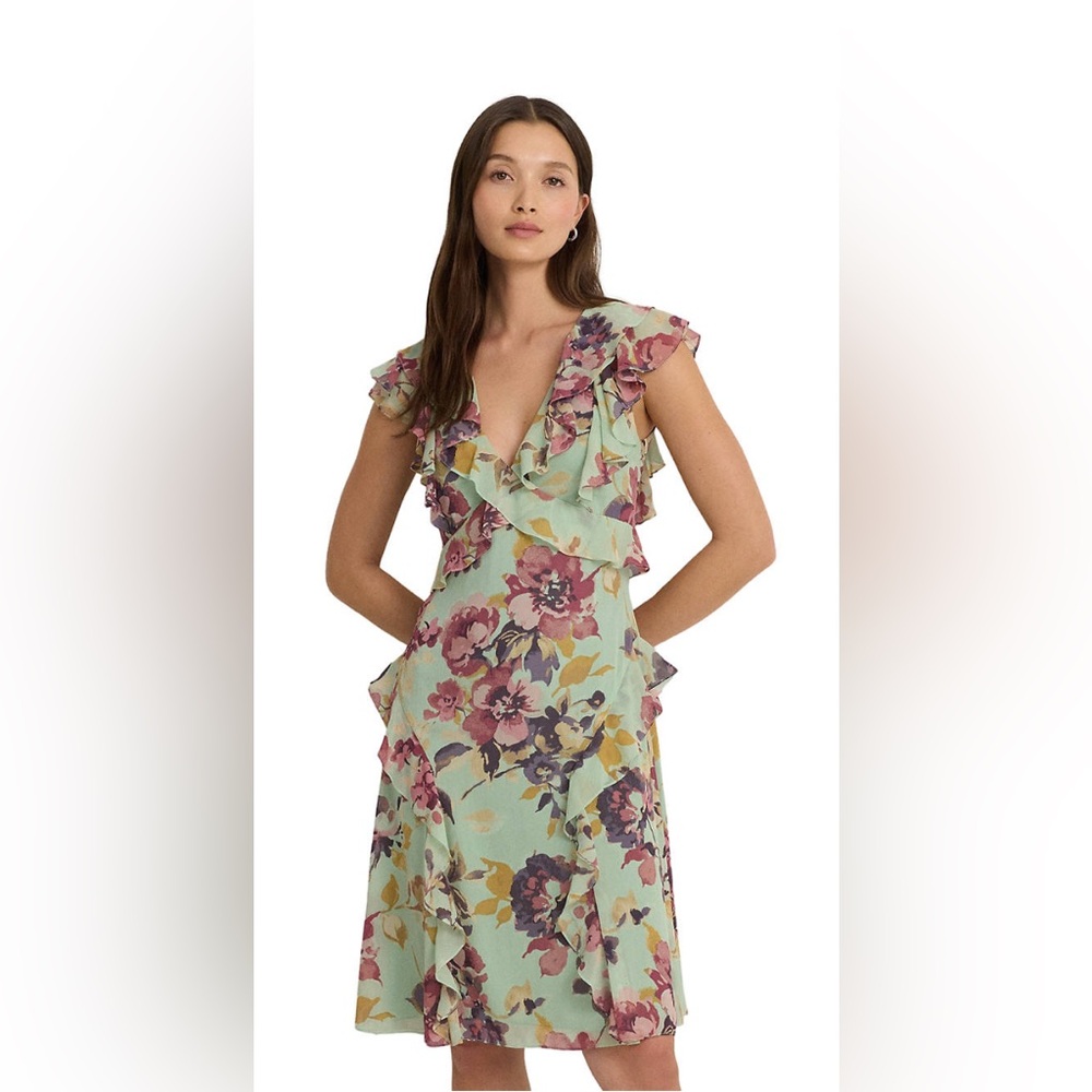 Lauren Ralph Lauren Mint Floral Ruffle Midi Dress NWT Size 10 Wedding Graduation - Picture 2 of 12
